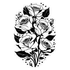 Elegant floral arrangement with roses and hearts in monochrome vector design
