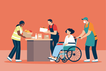 Volunteers assisting differently-abled individuals participate in a community activity; showcasing inclusive support and empowerment.