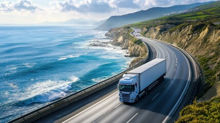 A truck driving along a coastal highway with ocean views.