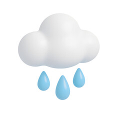 White cloud with blue raindrops in soft 3D pastel cartoon style on transparent background
