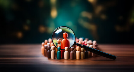 A magnifying glass focuses on a single, red figure within a diverse crowd of smaller wooden figures.  This symbolizes the search for a specific individual or talent within a larger pool of candidates.