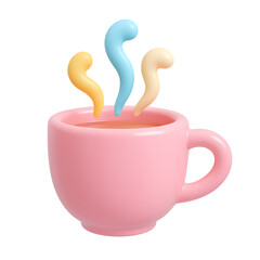 Glossy pastel pink coffee cup with colorful rising steam in cute 3D cartoon style on transparent background
