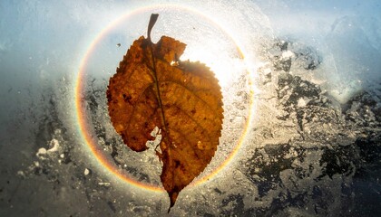 Backlit leaf pressed to a foggy window with a halo effect