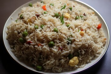 Plate of vibrant vegetable fried rice garnished with peas, carrots, and eggs on a table