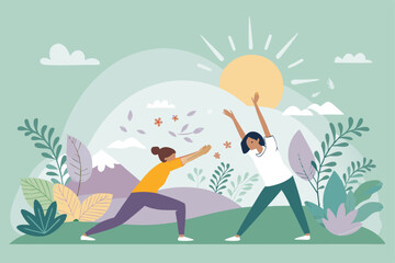 Create a vibrant vector banner illustrating a person performing a wellness stretching exercise.  Focus on flexibility and well-being.