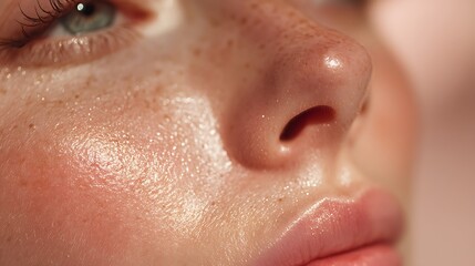 Fototapeta premium Close-up of face, freckles, and dewy skin