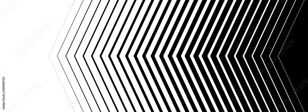 Poster Black linear arrow background. Repeated triangle gradation pattern backdrop. Vector fading striped halftone gradient texture. Thin to thick speed line concept for overlay, poster, print, cover, banner