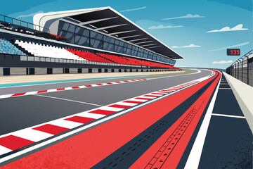 Design an abstract vector illustration depicting a pit lane's topography, emphasizing speed and dynamic movement using vibrant color gradients and sharp lines.
