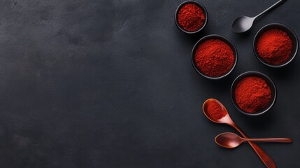 Bowls and spoons filled with red spices on a dark textured background, arranged neatly in the corner.