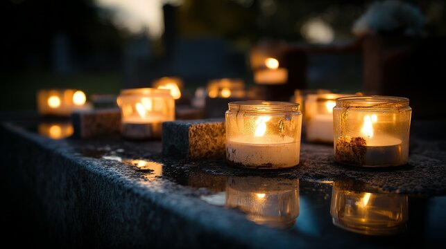 Gentle candlelight reflections on a somber stone surface.