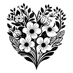 Heart-Shaped Floral Arrangement: Black and White Botanical Illustration Elegance