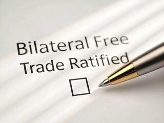 Obraz premium Free trade policy supports global trade agreements concept. Bilateral trade agreement document with pen ready for signing.