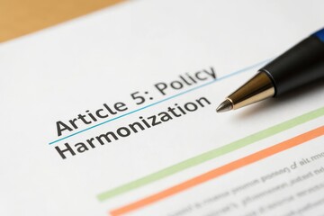 Free trade policy supports global trade agreements concept. Document with text highlighting policy harmonization, accompanied by a pen.