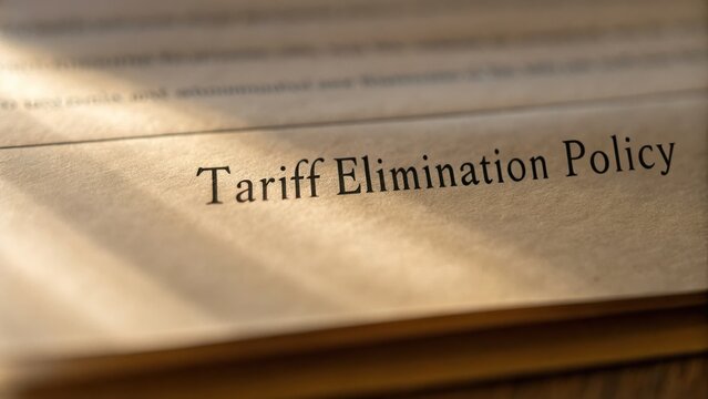 Free trade policy supports global trade agreements concept. Document highlighting tariff elimination policy with sunlight reflection.