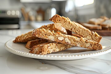 Almond Biscotti, Close-up Shot right view, served on a white plate, background of kitchen
