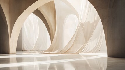 A modern architectural interior with flowing fabrics and soft lighting creating tranquility.