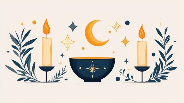Sacred ceremony symbols, minimal trio icon set, flat design illustration