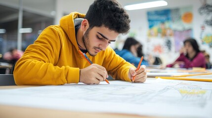 Naklejka premium Young student drawing on a large sheet of paper in class.