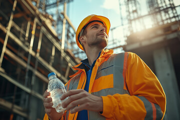 Construction worker taking a break with water at building site sunny day