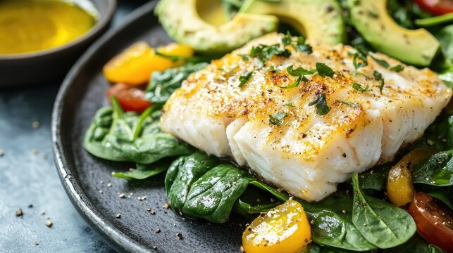 A healthy lunch featuring baked cod, a spinach and avocado salad, and a drizzle of olive oil for heart health and wellness.
