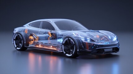 Futuristic transparent electric car showcasing innovative engineering design