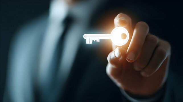 Businessperson's hand points to a glowing key symbol.