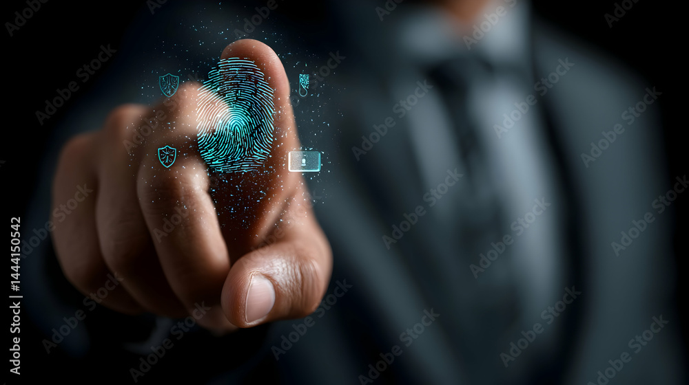 Poster digital fingerprint interface displayed on a pointing finger.