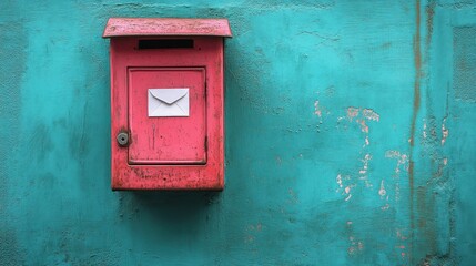 Rustic Charm: A Pink Mailbox on a Teal Wall