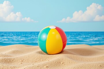 Obraz premium Colorful Beach Ball on Sandy Shore with Ocean and Cloudy Sky