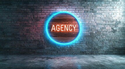 Neon sign agency on brick wall