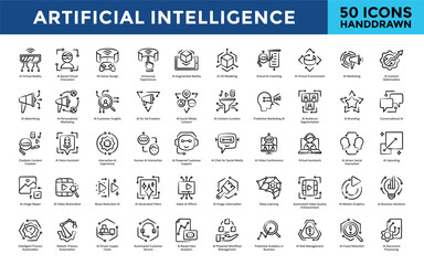 Artificial Intelligence icons set with ai virtual reality, ai based virtual characters, vr game design, immersive experiences, ai augmented reality, ai 3d modeling icon. Simple handdrawn vector 

