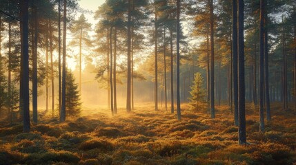 Fototapeta premium Golden sunlight streams through a tranquil pine forest.