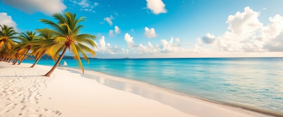 Obraz premium Carlisle Bay's pristine white sand beach, Antigua, with swaying coconut palms under a vibrant sky, sky, serene