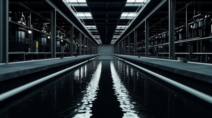 Fototapeta premium A sleek industrial space featuring water reflections and modern architecture.