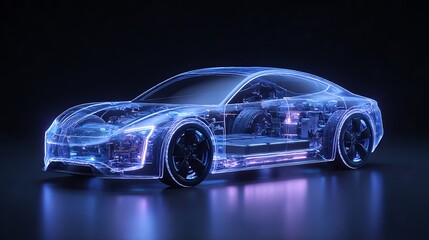 Futuristic electric car visualization showcasing transparent design and technology