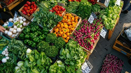A high-angle perspective of a bustling farmer&acirc;&euro;&trade;s market, where vegetables such as radishes, lettuce, and peppers are neatly arranged on display.