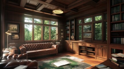 Fototapeta premium Warm, inviting study with rich wooden details.