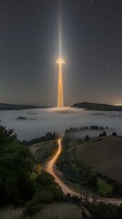 Obraz premium UFO over misty hills at night. Possible stock photo use