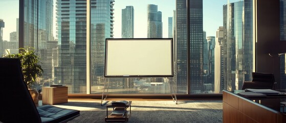 Modern office view with city skyline and blank screen