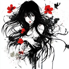 Fototapeta premium Artistic illustration of a mysterious dark-haired woman with flowing hair adorned with red flowers, black ink splashes, and a contemplative expression in a watercolor style