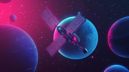 Futuristic orbital exploration with satellite amidst cosmic nebulous celestial sphere