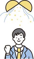 笑顔でガッツポーズをする男子高校生の上半身とくす玉のシンプルなイラスト素材