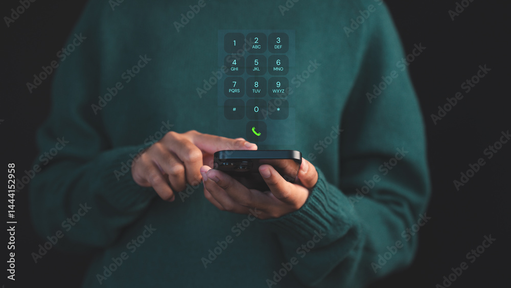 Poster Person dialing on a smartphone with a futuristic virtual keypad interface hovering, symbolizing advanced communication. Concept of digital security and data protection on mobile devices.