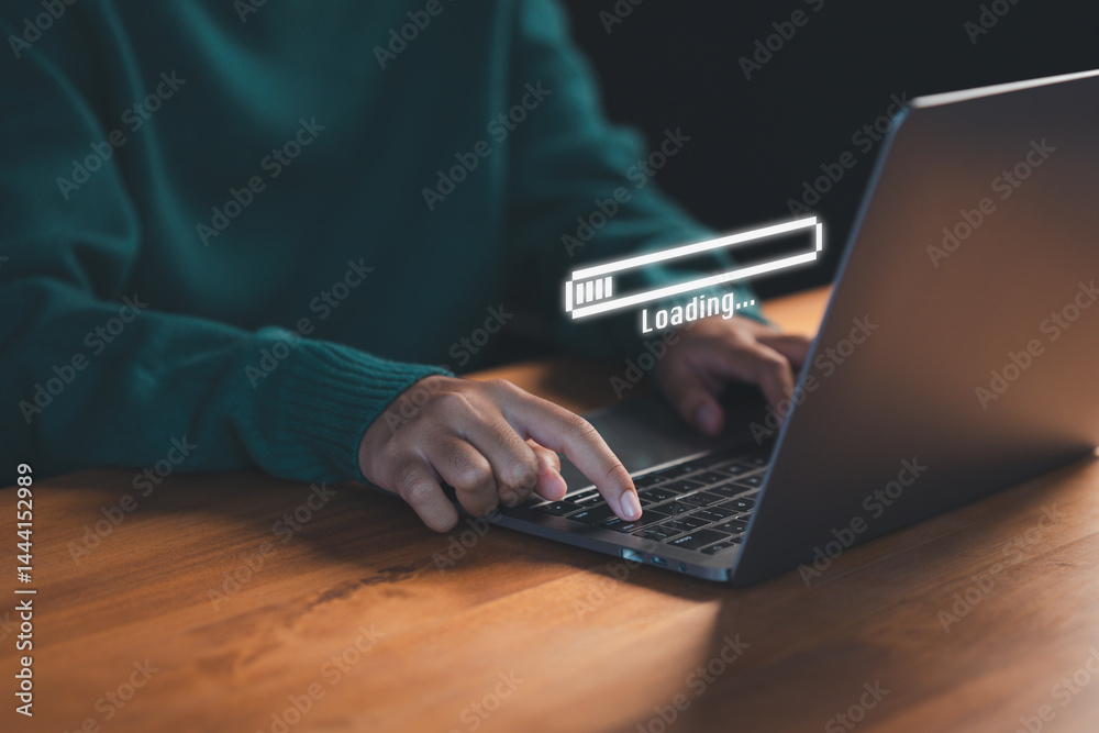 Poster User types on a laptop with a floating 