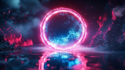 Obraz premium Abstract neon glowing circle in dark fantasy landscape digital art pink blue light magic space water
