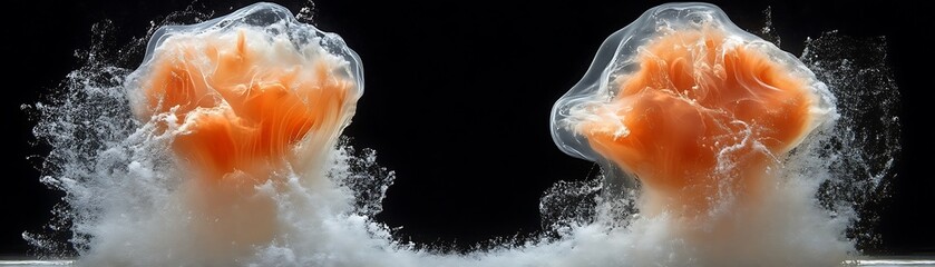 Fototapeta premium Abstract orange and white egg-like forms in motion against black background. Possible use for scientific illustration, education, or art print.