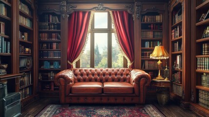 Well-lit, ornate library room with a comfortable reading area.