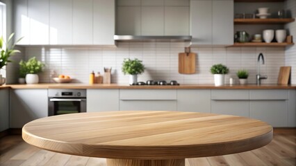 Fototapeta premium A minimalist wooden table top with a round shape sits on a modern kitchen counter in a quiet and serene atmosphere, blurred background, round table