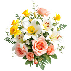 Beautiful bouquet of lilies, roses, and daffodils.