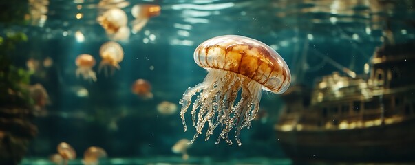 Jellyfish in aquarium with sunken ship